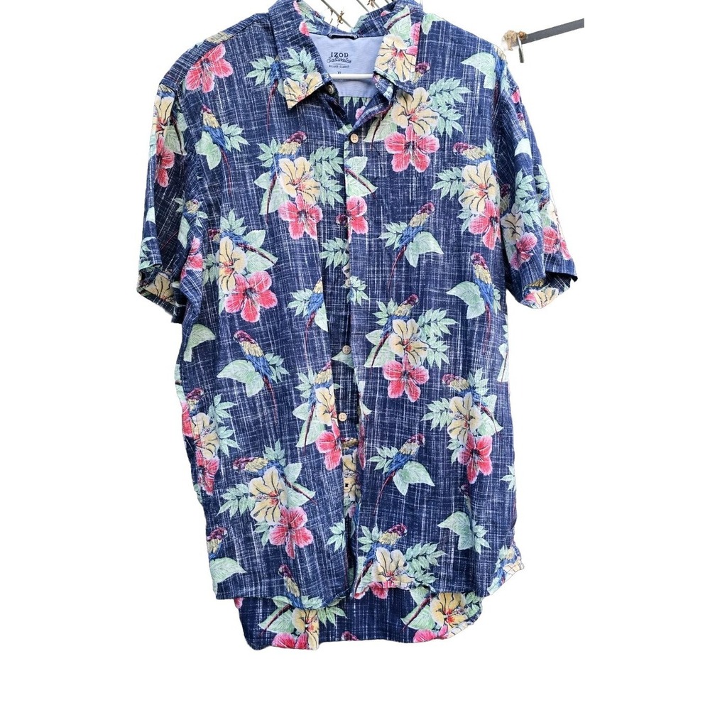 IZOD SALTWATER RELAXED Mens BUTTON UP SHORT SLEEVE Blue FLORAL HAWAIIAN SHIRT XL